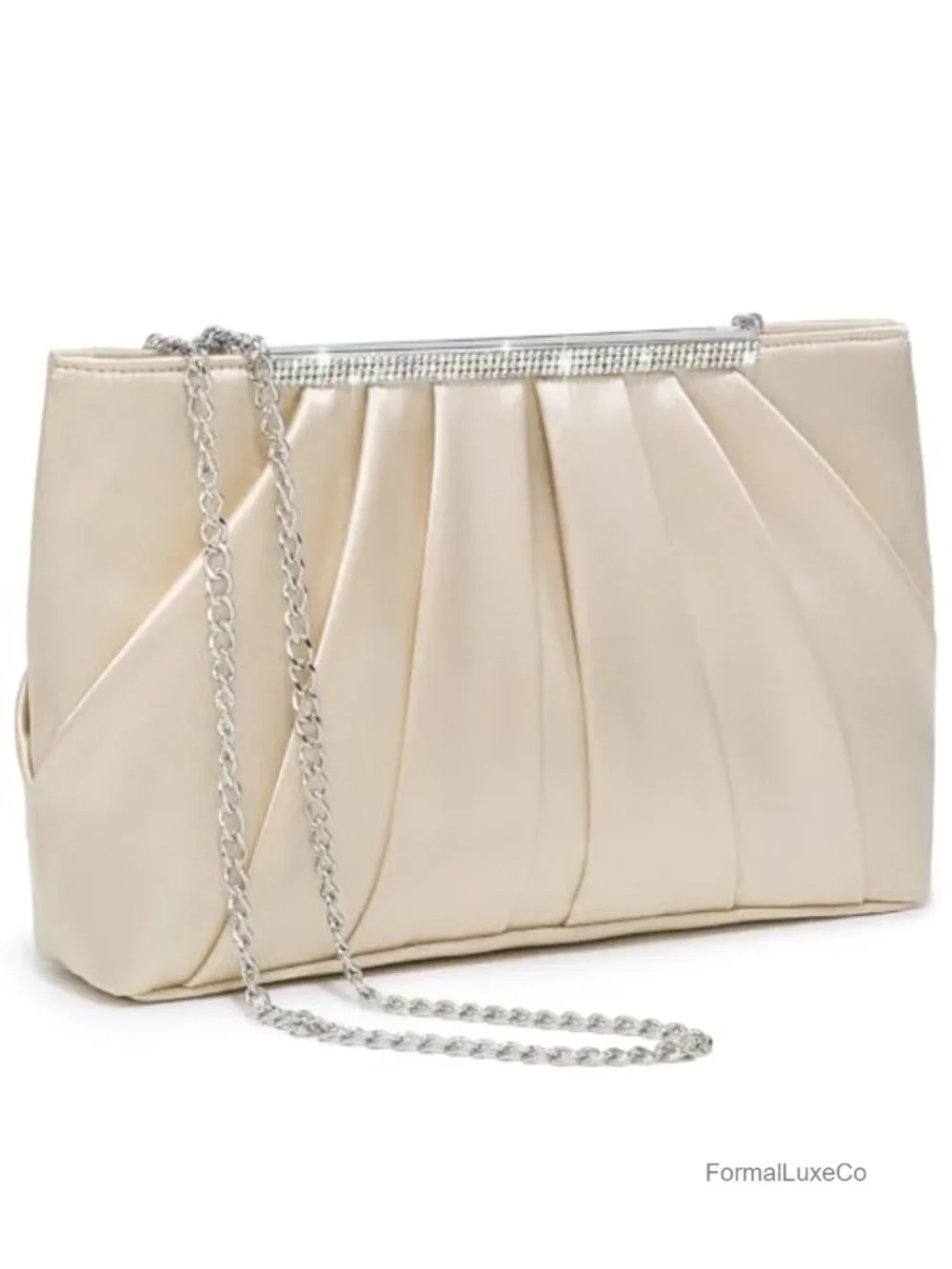 Elegant Pleated Evening Clutch with Rhinestones, Polyester, Detachable Chain